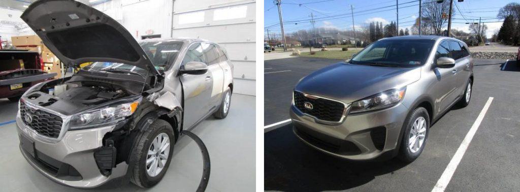 before and after photo of a Kia at Bates Collision